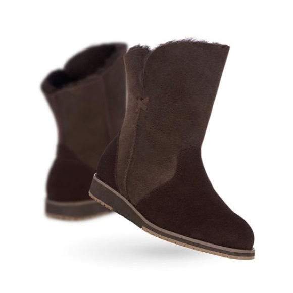 EMU AUSTRALIA Dark Brown Suede Sheepskin Leather Bells Beach Lo Shearling Boots - Picture 1 of 14